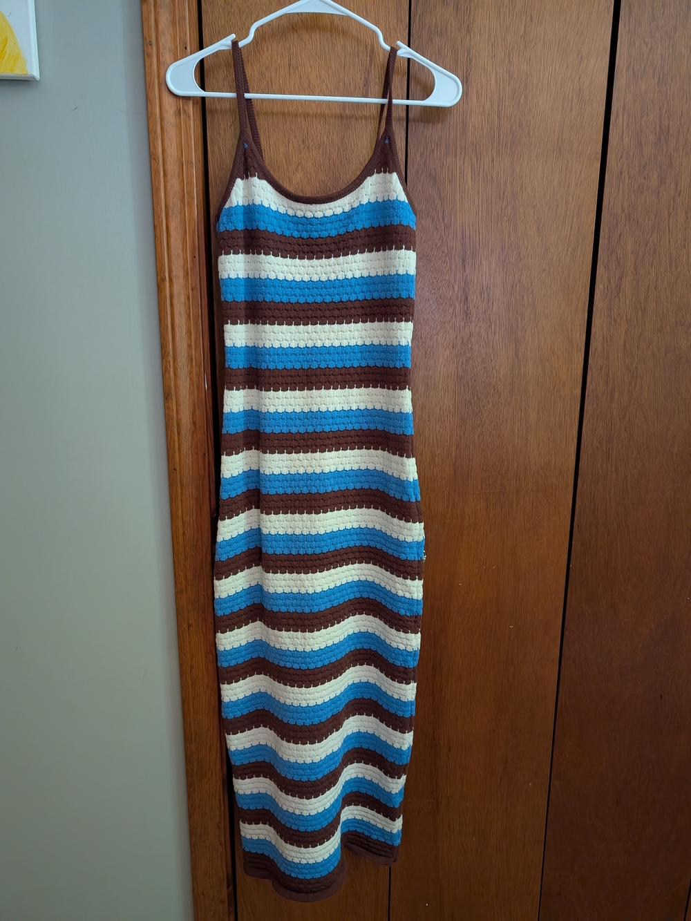SHEIN Brown, Blue & Cream Striped Crochet Maxi Dress